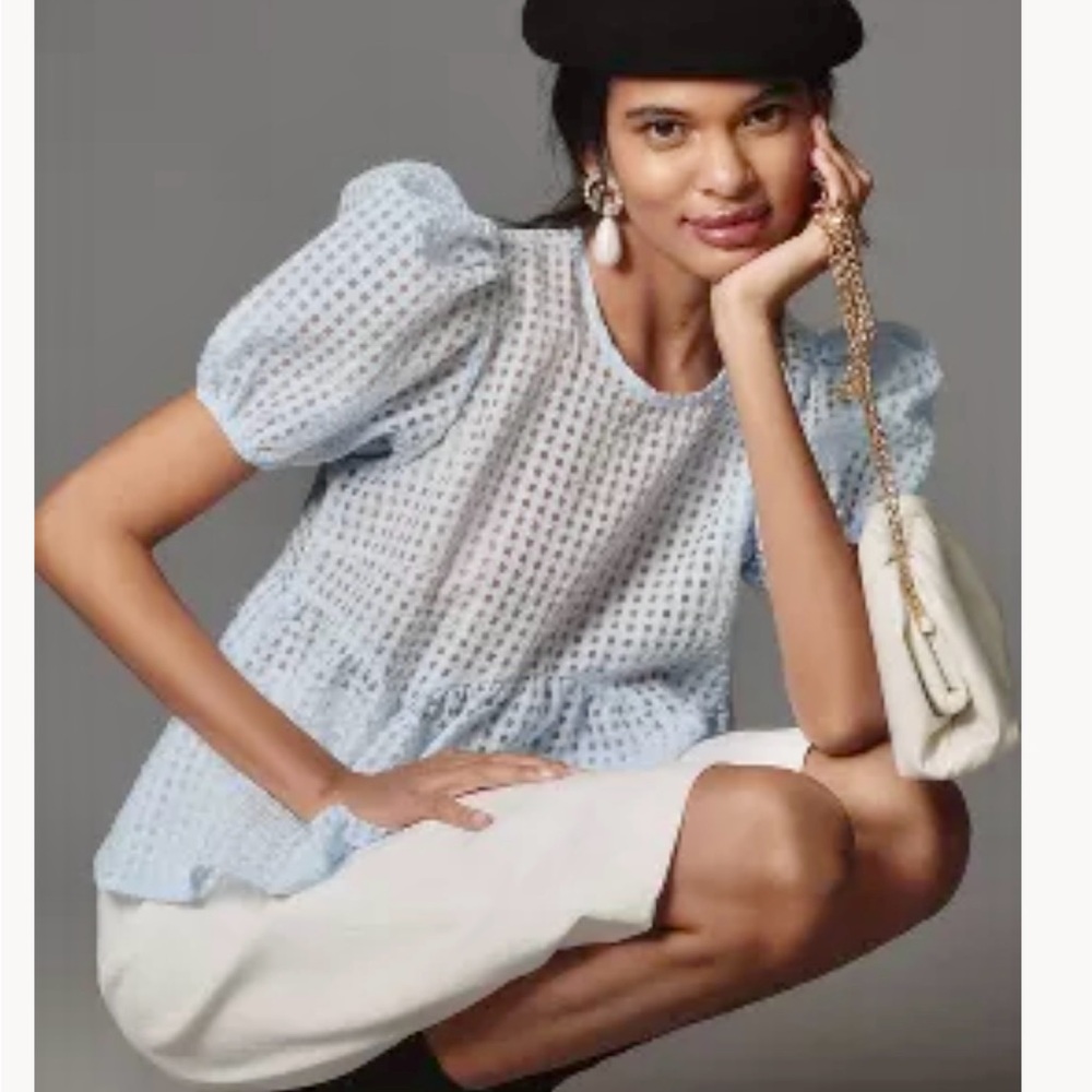 😍 NWT Anthropologie powder blue, mesh-like puffed sleeve top. L. Gorg!!